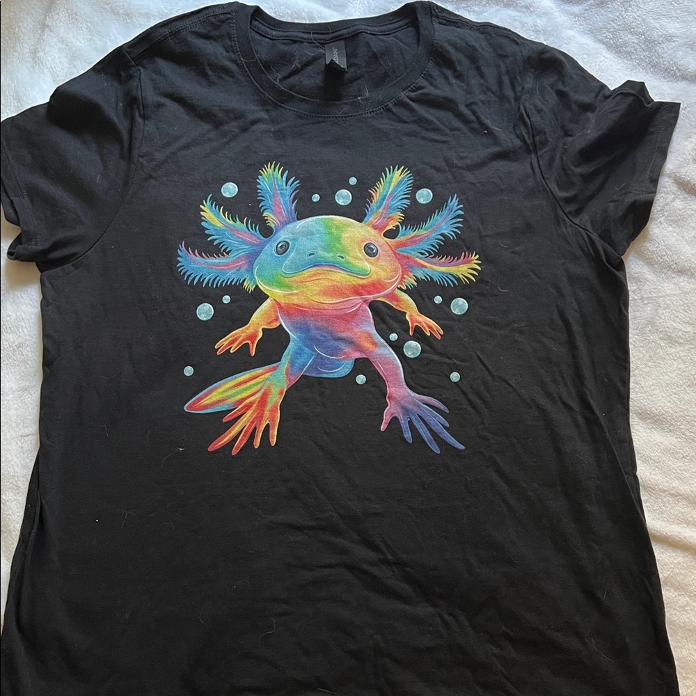 Black T-Shirt with Colorful Axolotl Design (Women’s XL)
